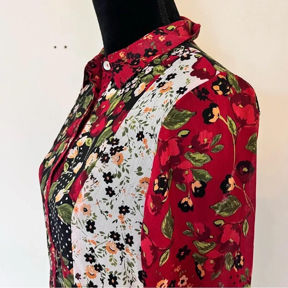 HOPE SPRINGS Tunic Blouse Patchwork Top  Floral Sheer Long Sleeve Size M - Picture 3 of 8